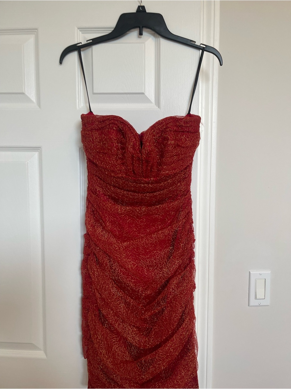 Red Strapless Ruched Evening Dress by David Meister